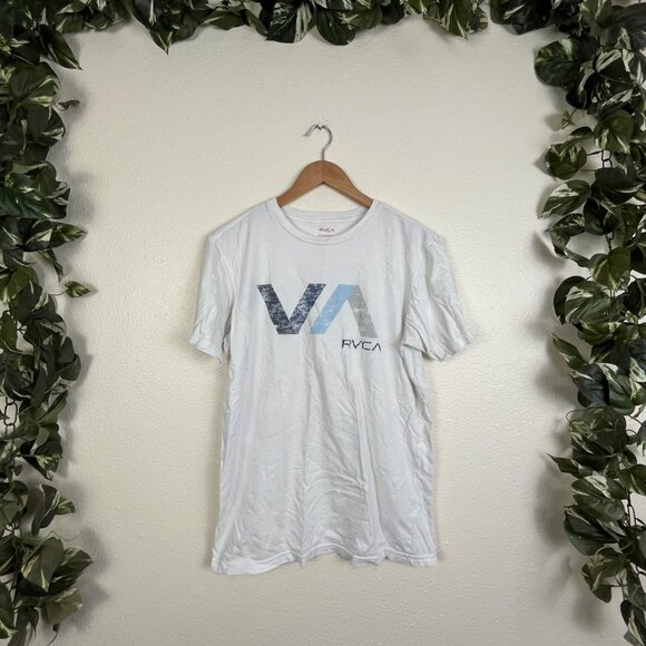 RVCA Buckle Short Sleeve Scoop Neck Shirt White Blue Men’s Size M - Picture 1 of 7